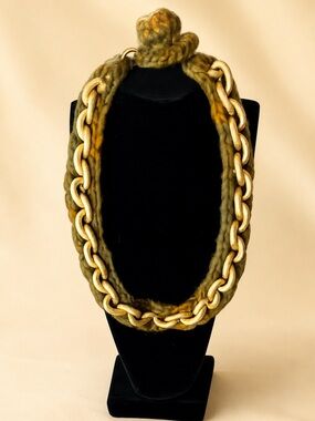 Olive Green Braided Chain Statement Necklace with Gold Links